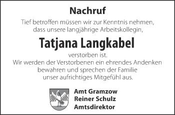 Traueranzeige von Tatjana Langkabel von Märkische Oderzeitung