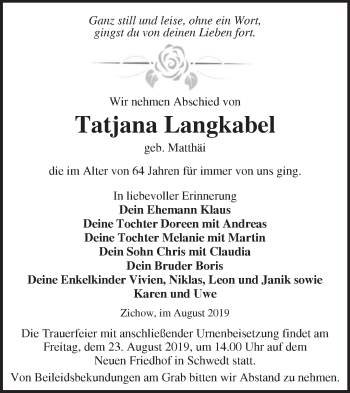 Traueranzeige von Tatjana Langkabel von Märkische Oderzeitung