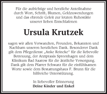 Traueranzeige von Ursula Krutzek von Märkische Oderzeitung