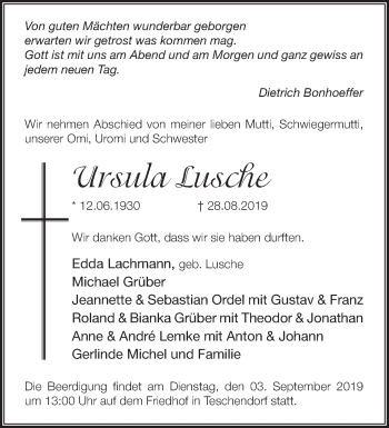 Traueranzeige von Ursula Lusche von Märkische Oderzeitung