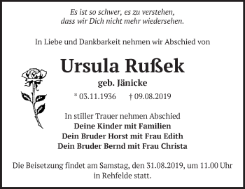 Traueranzeige von Ursula Rußek von Märkische Oderzeitung