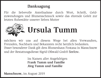 Traueranzeige von Ursula Tumm von Märkische Oderzeitung