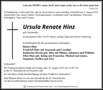 Traueranzeige von Ursula Renate Hinz von Märkische Oderzeitung