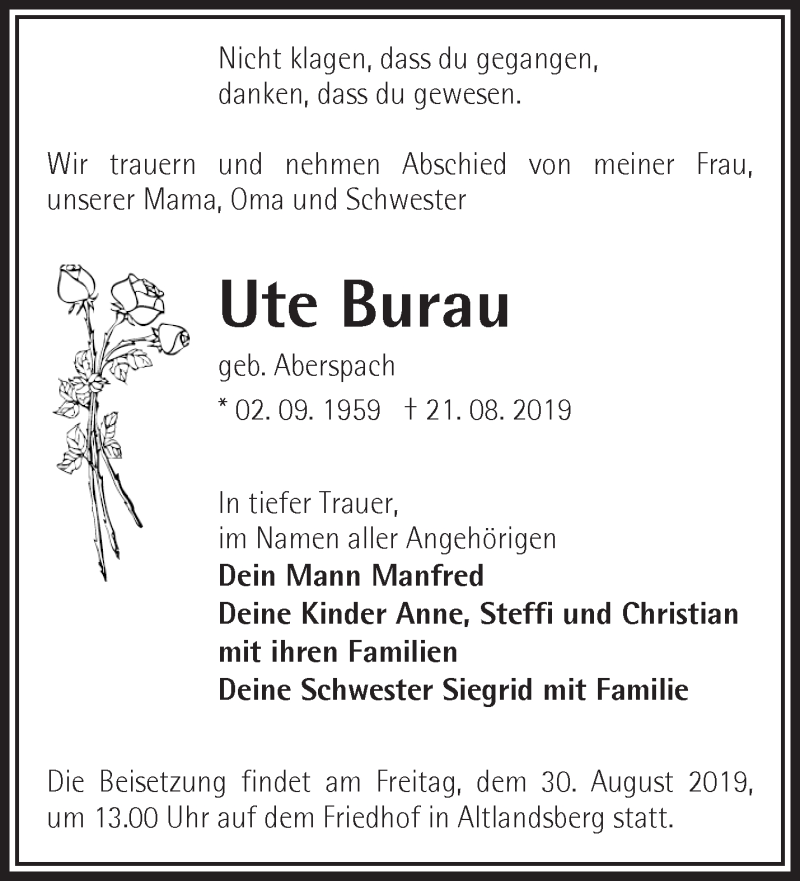  Traueranzeige für Ute Burau vom 24.08.2019 aus Märkische Oderzeitung