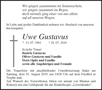 Traueranzeige von Uwe Gustavus von Märkische Oderzeitung