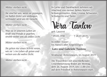 Traueranzeige von Vera Tantow von Märkische Oderzeitung