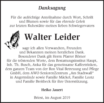 Traueranzeige von Walter Leider von Märkische Oderzeitung