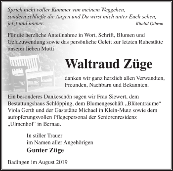 Traueranzeige von Waltraud Züge von Märkische Oderzeitung