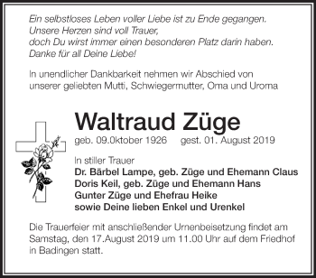 Traueranzeige von Waltraud Züge von Märkische Oderzeitung