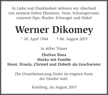 Traueranzeige von Werner Dikomey von Märkische Oderzeitung