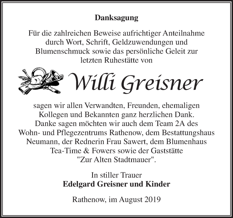  Traueranzeige für Willi Greisner vom 11.08.2019 aus Märkische Oderzeitung