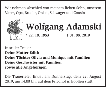 Traueranzeige von Wolfgang Adamski von Märkische Oderzeitung