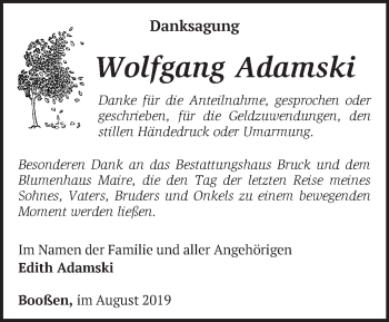 Traueranzeige von Wolfgang Adamski von Märkische Oderzeitung