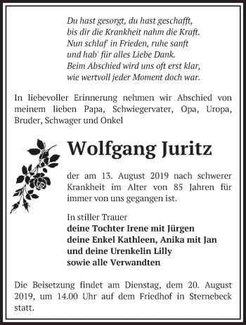 Traueranzeige von Wolfgang Juritz von Märkische Oderzeitung