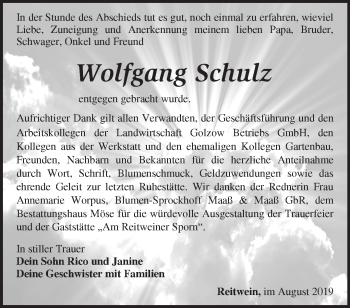 Traueranzeige von Wolfgang Schulz von Märkische Oderzeitung