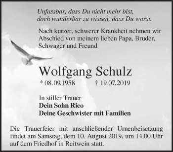 Traueranzeige von Wolfgang Schulz von Märkische Oderzeitung