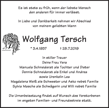 Traueranzeige von Wolfgang Tersch von Märkische Oderzeitung