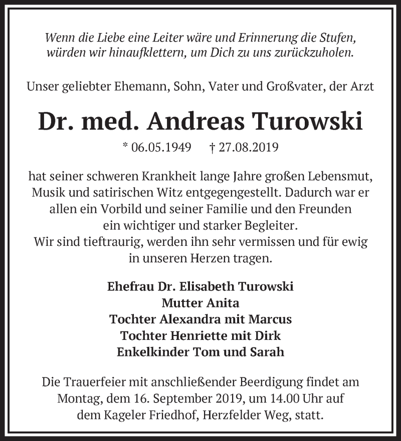  Traueranzeige für Andreas Turowski vom 07.09.2019 aus Märkische Oderzeitung