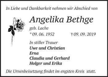 Traueranzeige von Angelika Bethge von Märkische Oderzeitung