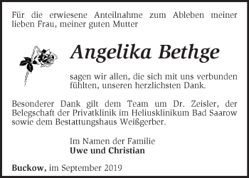 Traueranzeige von Angelika Bethge von Märkische Oderzeitung