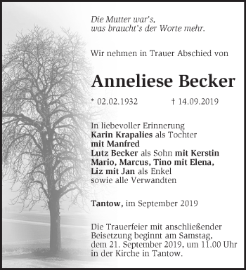 Traueranzeige von Anneliese Becker von Märkische Oderzeitung