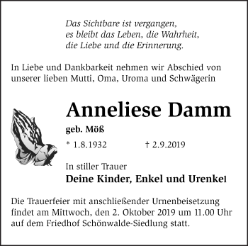 Traueranzeige von Anneliese Damm von Märkische Oderzeitung