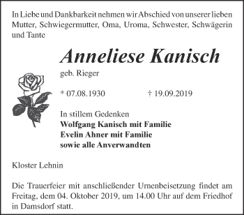 Traueranzeige von Anneliese Kanisch von Märkische Oderzeitung