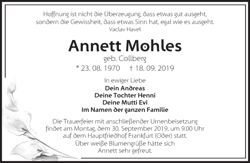  Traueranzeige für Annett Mohles vom 21.09.2019 aus Märkische Oderzeitung