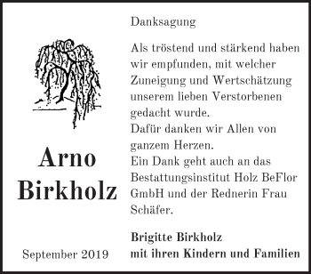 Traueranzeige von Arno Birkholz von Märkische Oderzeitung