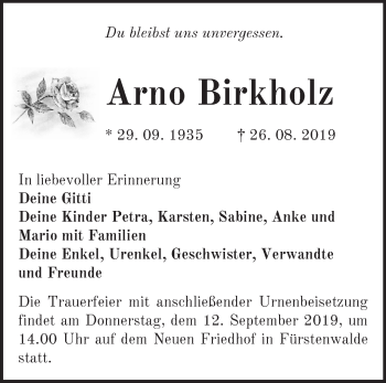 Traueranzeige von Arno Birkholz von Märkische Oderzeitung