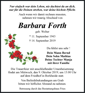 Traueranzeige von Barbara Forth von Märkische Oderzeitung