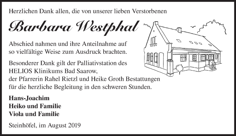  Traueranzeige für Barbara Westphal vom 08.09.2019 aus Märkische Oderzeitung