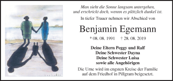 Traueranzeige von Benjamin Egemann von Märkische Oderzeitung