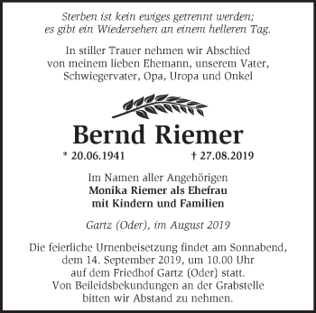 Traueranzeige von Bernd Riemer von Märkische Oderzeitung