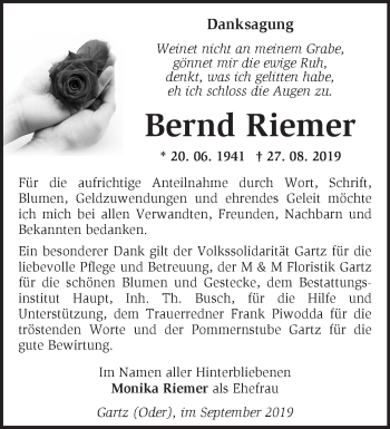 Traueranzeige von Bernd Riemer von Märkische Oderzeitung