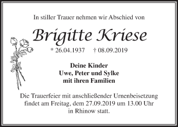 Traueranzeige von Brigitte Kriese von Märkische Oderzeitung