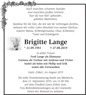 Traueranzeige von Brigitte Lange von Märkische Oderzeitung