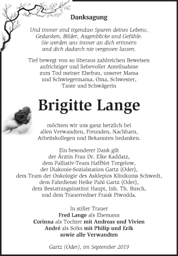 Traueranzeige von Brigitte Lange von Märkische Oderzeitung