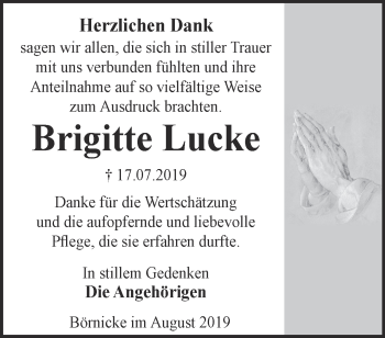 Traueranzeige von Brigitte Lucke von Märkische Oderzeitung