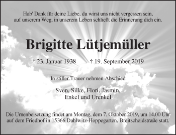 Traueranzeige von Brigitte Lütjemüller von Märkische Oderzeitung