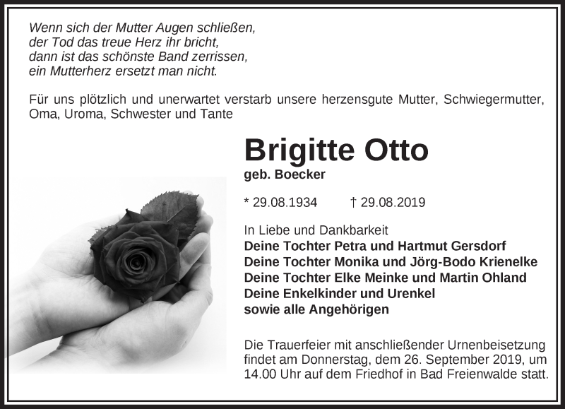  Traueranzeige für Brigitte Otto vom 18.09.2019 aus Märkische Oderzeitung