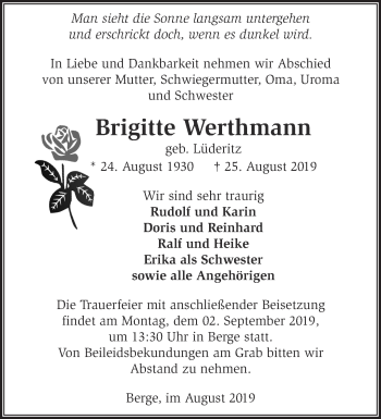 Traueranzeige von Brigitte Werthmann von Märkische Oderzeitung