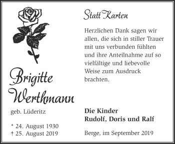 Traueranzeige von Brigitte Werthmann von Märkische Oderzeitung