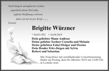 Traueranzeige von Brigitte Würzner von Märkische Oderzeitung