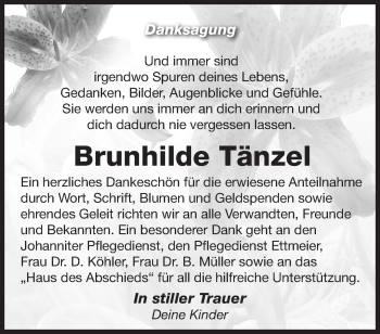 Traueranzeige von Brunhilde Tänzel von Märkische Oderzeitung