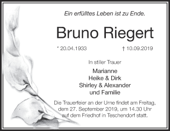 Traueranzeige von Bruno Riegert von Märkische Oderzeitung