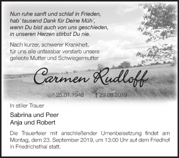 Traueranzeige von Carmen Rudloff von Märkische Oderzeitung