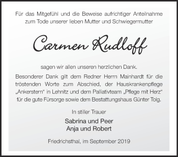 Traueranzeige von Carmen Rudloff von Märkische Oderzeitung