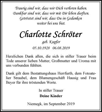 Traueranzeige von Charlotte Schröter von Märkische Oderzeitung