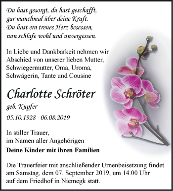 Traueranzeige von Charlotte Schröter von Märkische Oderzeitung